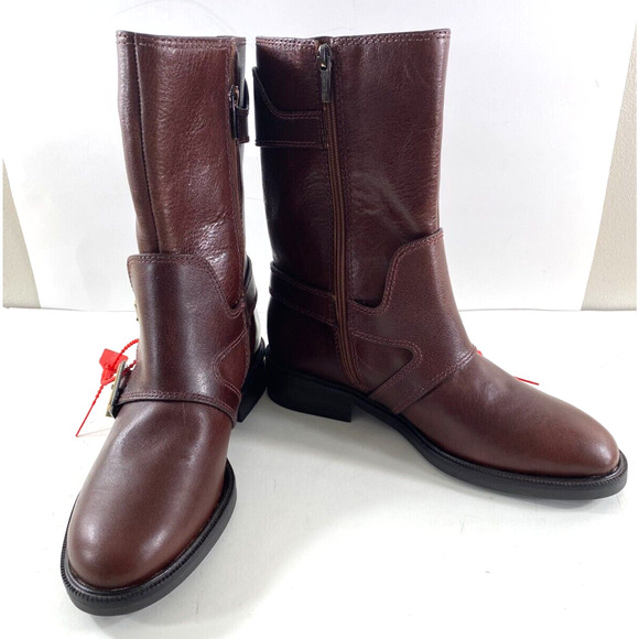 Vince Camuto Brown Leather Moto Style Buckle Boots Size 8.5 NWOB - Picture 1 of 11